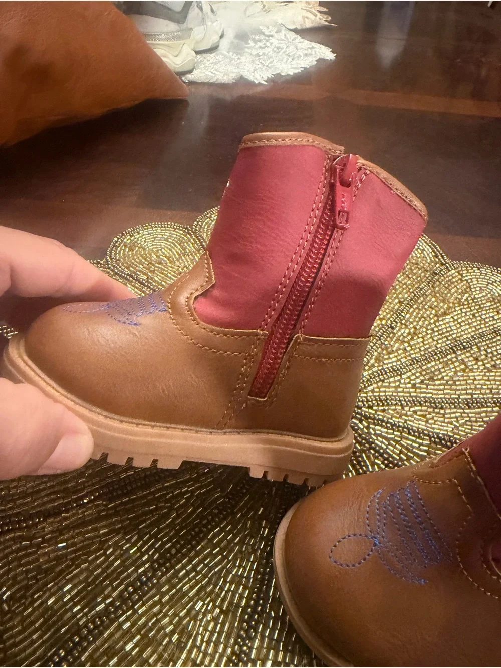 Toddler Brown and Red Cowboy Boots with Embroidered Accents